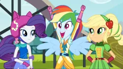 Size: 1280x720 | Tagged: safe, derpibooru import, screencap, applejack, rainbow dash, rarity, equestria girls, friendship games, archery clothes, happy, helmet, motorcross outfit, ponied up