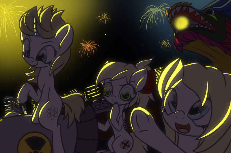 Size: 1920x1280 | Tagged: artist:an-m, aryan, aryan pony, blonde, bomb, chinese dragon, chinese new year, cute, derpibooru import, dragon, fireworks, heil, nazi, nazipone, night, nuclear weapon, oc, oc:aryanne, oc:franziska, oc:kyrie, safe, swastika, unofficial characters only, weapon