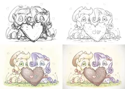 Size: 2160x1528 | Tagged: safe, artist:assasinmonkey, derpibooru import, applejack, rarity, bow, bowtie, chibi, cute, female, hair bow, heart, hearts and hooves day, lesbian, rarijack, shipping, tail bow, valentine's day, wip