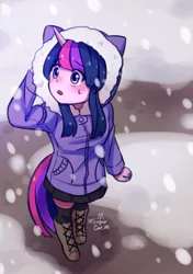 Size: 753x1068 | Tagged: safe, artist:shusu, derpibooru import, twilight sparkle, equestria girls, boots, clothes, coat, doll, eared humanization, equestria girls minis, hood, horn, horned humanization, kneesocks, looking up, pixiv, skirt, snow, snowfall, socks, solo, tailed humanization, toy, zettai ryouiki