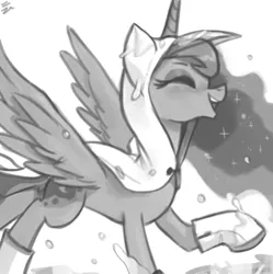Size: 499x501 | Tagged: alicorn, artist:ehfa, derpibooru import, eyes closed, female, grayscale, laughing, mare, monochrome, princess luna, raincoat, safe, simple background, solo, white background
