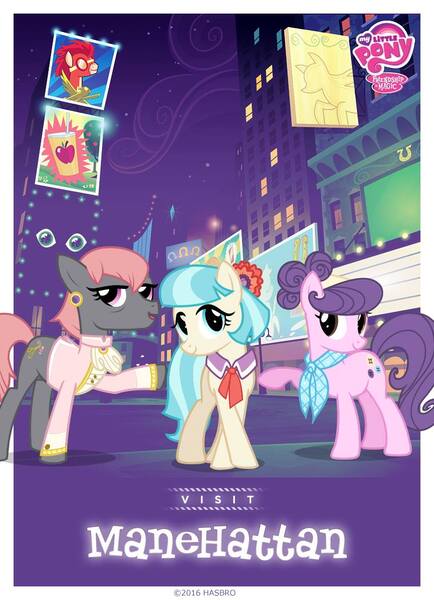 Size: 800x1105 | Tagged: safe, derpibooru import, official, coco pommel, prim hemline, suri polomare, earth pony, pony, billboard, bridleway, cats (musical), female, manehattan, mare, my little pony logo, poster, trio, trio female, wonderbolts poster