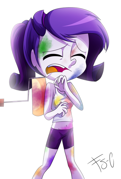 Size: 1024x1515 | Tagged: safe, artist:fj-c, derpibooru import, rarity, equestria girls, belly button, clothes, eyes closed, midriff, offscreen character, paint, paint roller, solo, tanktop, unamused