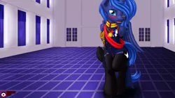 Size: 1920x1080 | Tagged: suggestive, artist:tsaritsaluna, derpibooru import, princess luna, pony, bipedal, blushing, both cutie marks, clothes, dress, female, looking at you, medals, sash, socks, solo, solo female, uniform