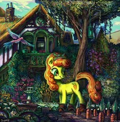 Size: 2439x2480 | Tagged: safe, artist:jowybean, derpibooru import, carrot top, golden harvest, bird, carrot, food, garden, scenery, solo