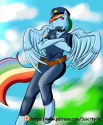 Size: 1008x1224 | Tagged: safe, artist:suki262, derpibooru import, rainbow dash, anthro, unguligrade anthro, clothes, patreon, patreon logo, police, police uniform, solo, unshorn fetlocks