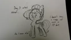 Size: 1280x720 | Tagged: safe, artist:tjpones, derpibooru import, oc, oc:brownie bun, unofficial characters only, earth pony, pony, horse wife, black and white, blank stare, dialogue, ear fluff, existential crisis, female, grayscale, mare, monochrome, solo, stare, thousand yard stare, traditional art, wide eyes, withdrawal