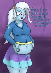 Size: 1200x1700 | Tagged: semi-grimdark, suggestive, artist:variant, derpibooru import, rainbow dash, trixie, equestria girls, belly, belly button, big belly, big breasts, breasts, busty trixie, chubby, death, dialogue, digestion, fat, fat fetish, female, fetish, implied death, implied rainbow dash, midriff, post-vore, solo, solo female, the great and bountiful trixie, trixie predamoon, vore, weight gain