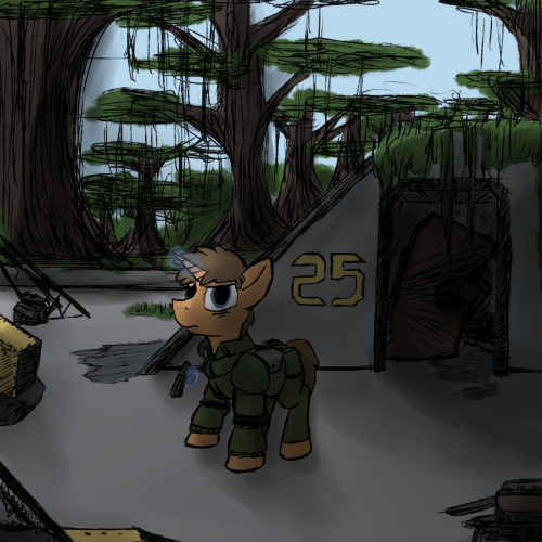 Size: 500x500 | Tagged: safe, artist:thebathwaterhero, derpibooru import, oc, oc:permittivity, unofficial characters only, pony, unicorn, fallout equestria, fallout equestria: transient, combat armor, emo, gun, handgun, jungle, male, pistol, sad, saddle bag, solo, stable, stallion, weapon