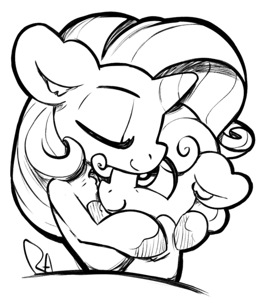 Size: 833x957 | Tagged: artist:ratiodaze, cuddling, cute, derpibooru import, floppy ears, monochrome, rarity, safe, snuggling, sweetie belle