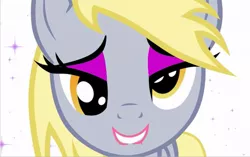 Size: 947x596 | Tagged: safe, derpibooru import, edit, derpy hooves, pegasus, pony, eyeshadow, female, lip bite, lipstick, makeup, mare, sexy face, solo, tack