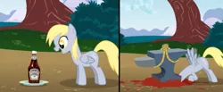 Size: 1108x457 | Tagged: semi-grimdark, derpibooru import, edit, edited screencap, screencap, derpy hooves, pegasus, pony, abuse, anvil, blood, death, derpybuse, female, food, ketchup, mare, sauce