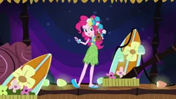 Size: 1280x720 | Tagged: safe, derpibooru import, screencap, pinkie pie, equestria girls, shake your tail, clothes, feet, grass skirt, hula, hulapie, sandals, skirt