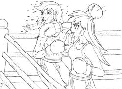 Size: 3112x2284 | Tagged: applejack, artist:linedraweer, boxing, boxing gloves, clothes, derpibooru import, fight, human, humanized, monochrome, mouth guard, rainbow dash, safe