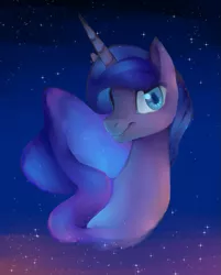 Size: 939x1167 | Tagged: safe, artist:glacierclear, derpibooru import, princess luna, alicorn, pony, bust, colored pupils, female, lineless, looking at you, mare, night, painting, portrait, sky, solo, stars