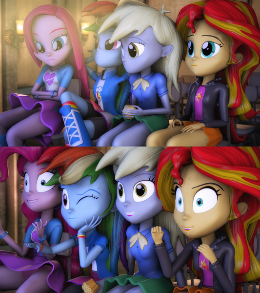 Size: 1920x2160 | Tagged: safe, artist:sourcerabbit, derpibooru import, derpy hooves, pinkie pie, rainbow dash, sunset shimmer, equestria girls, 3d, exploitable meme, meme, pinkamena diane pie, reaction guys, shrunken pupils, source filmmaker