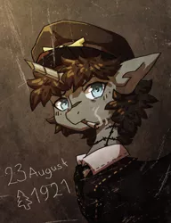 Size: 745x968 | Tagged: safe, artist:koviry, derpibooru import, oc, oc:cassie flyleaf, unofficial characters only, pony, unicorn, broken horn, cigarette, hat, necktie, peaked cap, portrait, scar, smoke, smoking, solo, tattoo