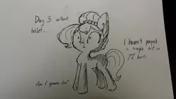 Size: 1280x720 | Tagged: safe, artist:tjpones, derpibooru import, edit, oc, oc:brownie bun, unofficial characters only, black and white, constipated, grayscale, monochrome, parody, solo, toilet humor, traditional art