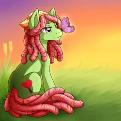Size: 900x900 | Tagged: safe, artist:nothingspecialx9, derpibooru import, tree hugger, butterfly, earth pony, pony, cute, female, huggerbetes, mare, sitting, solo