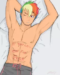 Size: 860x1078 | Tagged: abs, armpits, artist:nolycs, bare chest, bed, bedroom eyes, belly button, body writing, clothes, derpibooru import, human, humanized, male, nipples, nudity, on back, rainbow blitz, rainbow dash, rule 63, shorts, solo, solo male, suggestive, topless