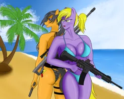 Size: 2006x1600 | Tagged: anthro, artist:loveforletty64, beach, bikini, breasts, clothes, derpibooru import, oc, oc:quick bullet, oc:sea breeze, palm tree, ponytail, suggestive, swimsuit, tree, unofficial characters only, weapon