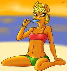 Size: 1111x1187 | Tagged: anthro, artist:overkenzie, beach, belly button, bikini, bracelet, breasts, clothes, derpibooru import, earring, food, ice cream, oc, oc:beach ball, piercing, popsicle, sea salt ice cream, suggestive, sunset, swimsuit, unguligrade anthro, unofficial characters only