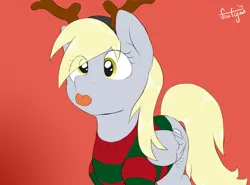 Size: 1280x948 | Tagged: safe, artist:flufgun, derpibooru import, derpy hooves, pegasus, pony, christmas sweater, clothes, female, festive, mare, reindeer antlers, solo, tongue out