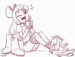 Size: 4000x3000 | Tagged: suggestive, artist:chaoskomori, derpibooru import, apple bloom, equestria girls, barefoot, black and white, bondage, boots, bound, cute, feather, feet, fetish, foot fetish, grayscale, laughing, monochrome, open mouth, shoes, soles, solo, tickle fetish, tickle torture, tickling, tied up, toes