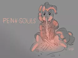 Size: 1280x948 | Tagged: armor, artist:flufgun, bonfire, crossover, dark souls, derpibooru import, fire, looking at you, :o, pinkie pie, ponk, safe, sitting, solo, sword, weapon, wide eyes