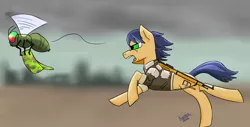 Size: 1158x586 | Tagged: safe, artist:overkenzie, derpibooru import, oc, oc:waak, unofficial characters only, fly, insect, pony, fallout equestria, angry, camouflage, chase, gun, hat, male, rifle, stallion, stealing, weapon