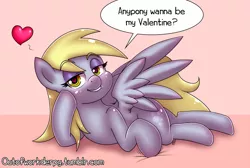 Size: 1000x671 | Tagged: suggestive, artist:outofworkderpy, derpibooru import, derpy hooves, pegasus, pony, adorasexy, bedroom eyes, blushing, cute, derpabetes, female, heart, heart eyes, hearts and hooves day, lip bite, looking at you, mare, prone, sexy, solo, solo female, sultry pose, underp, valentine, valentine's day, wingboner, wingding eyes
