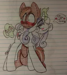 Size: 1024x1141 | Tagged: artist:shellythewolf1, blushing, button mash, controller, cutie mark, derpibooru import, female, flirting, lined paper, male, older, safe, shipping, straight, sweetie belle, sweetiemash, teenager, the cmc's cutie marks, traditional art, valentine's day