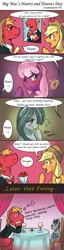 Size: 400x1560 | Tagged: safe, artist:tzc, derpibooru import, applejack, big macintosh, cheerilee, marble pie, smarty pants, earth pony, pony, alcohol, blushing, bowtie, cargo ship, chair, clothes, comic, crack shipping, doll, female, flower, food, heart, joke shipping, male, mare, rose, shipping, shipping denied, smartymac, stallion, straight, suit, table, tablecloth, toy, tuxedo, what a twist, wine