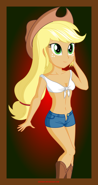 Size: 2300x4341 | Tagged: suggestive, artist:rexpony, derpibooru import, applejack, equestria girls, belly button, clothes, daisy dukes, front knot midriff, midriff, open clothes, shorts, solo