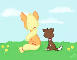 Size: 900x700 | Tagged: safe, artist:flourret, derpibooru import, applejack, winona, dog, earth pony, pony, alternate hairstyle, day, female, grass, hatless, mare, missing accessory, outdoors, ponytail, rear view, relaxing, signature, sitting, sky