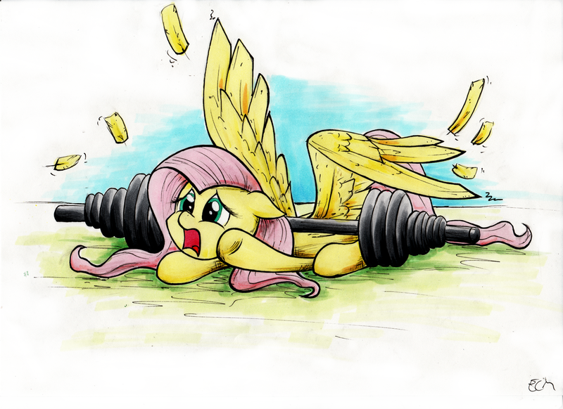 Size: 2000x1455 | Tagged: safe, artist:ecmonkey, derpibooru import, fluttershy, pegasus, pony, barbell, feather, female, floppy ears, mare, open mouth, pinned, pinned down, prone, solo, spread wings, three quarter view, weights, wings, yelling