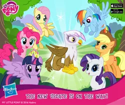 Size: 940x788 | Tagged: safe, derpibooru import, official, applejack, fluttershy, gilda, pinkie pie, rainbow dash, rarity, twilight sparkle, twilight sparkle (alicorn), alicorn, gryphon, pony, cute, female, gameloft, gildadorable, mane six, mare, my little pony logo