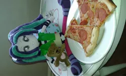 Size: 2560x1536 | Tagged: safe, artist:blazingdazzlingdusk, artist:dollphinwing, artist:dolphinwing, derpibooru import, aria blaze, bear, equestria girls, rainbow rocks, food, irl, photo, pizza, plushie, sideways image, solo, waifu dinner