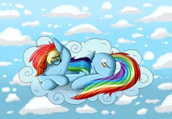 Size: 3000x2082 | Tagged: artist:vanillaghosties, cloud, derpibooru import, prone, rainbow dash, safe, sleeping, solo