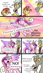 Size: 2000x3400 | Tagged: safe, artist:xain-russell, deleted from derpibooru, derpibooru import, discord, princess cadance, sunset shimmer, alicorn, draconequus, pony, unicorn, comic, hercules, lovebutt