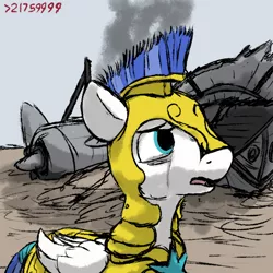 Size: 600x600 | Tagged: safe, artist:thebathwaterhero, derpibooru import, pegasus, pony, crash, crash landing, crying, cyoa, cyoa:royal guard survival, royal guard, wreckage