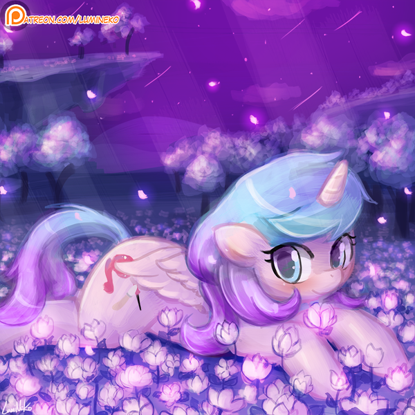 Size: 750x750 | Tagged: safe, artist:lumineko, derpibooru import, oc, oc:artshine, unofficial characters only, alicorn, pony, alicorn oc, blushing, flower, looking at you, patreon, patreon logo, prone, solo