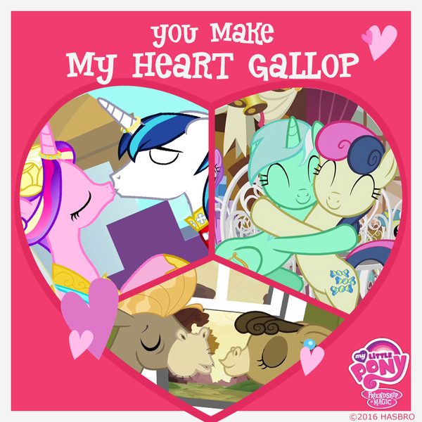 Size: 800x800 | Tagged: safe, derpibooru import, official, bon bon, cranky doodle donkey, lyra heartstrings, matilda, princess cadance, shining armor, sweetie drops, alicorn, donkey, earth pony, pony, unicorn, best friends, canon, crankilda, female, hasbro, heart, hearts and hooves day, hug, kissing, lesbian, lyrabon, male, mare, married, married couple, meme, my little pony logo, shiningcadance, shipping, shipping fuel, stallion, straight, thanks m.a. larson, valentine's day