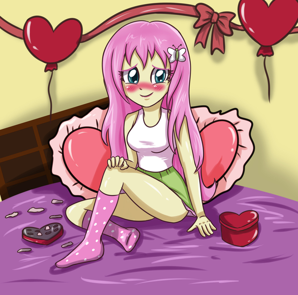 Size: 3507x3472 | Tagged: suggestive, artist:sumin6301, derpibooru import, fluttershy, equestria girls, blushing, clothes, happy, heart, i love you, missing shoes, skirt, solo, tanktop, valentine's day