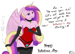 Size: 3508x2530 | Tagged: anthro, artist:crimson, choker, cigarette, cigarette holder, clothes, corset, cutie mark underwear, derpibooru import, evening gloves, female, gloves, latex, panties, princess cadance, red underwear, simple background, smiling, smoking, socks, solo, solo female, suggestive, thigh highs, underwear, valentine, valentine's day