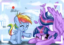 Size: 2053x1440 | Tagged: safe, artist:vago-xd, derpibooru import, rainbow dash, twilight sparkle, twilight sparkle (alicorn), alicorn, pony, the cutie re-mark, blushing, crash, crashlight, cute, feather, female, filly rainbow dash, laughing, mare, prone, recording