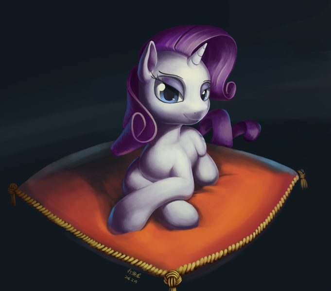 Size: 1024x902 | Tagged: safe, artist:draconidsmxz, derpibooru import, rarity, pony, unicorn, looking at you, pillow, prone, solo