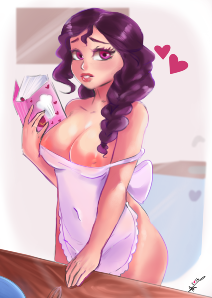 Size: 1280x1798 | Tagged: apron, artist:mrscurlystyles, ass, belly button, big breasts, book, breasts, busty sugar belle, clothes, cookbook, derpibooru import, female, heart, hips, human, humanized, kitchen, naked apron, nipples, nudity, off shoulder, questionable, sexy, solo, solo female, stupid sexy sugar belle, sugar belle, sugar tits