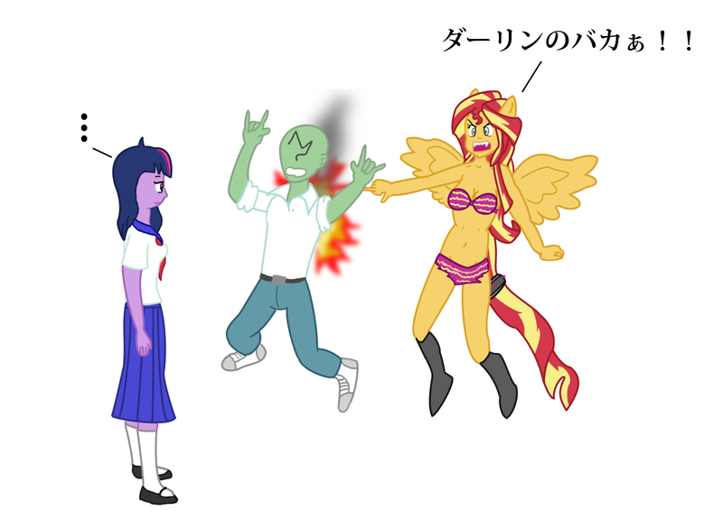 Size: 1542x1110 | Tagged: safe, artist:zharkaer, derpibooru import, sunset shimmer, twilight sparkle, oc, oc:anon, human, equestria girls, ..., abuse, alicornified, anonbuse, baka, bikini, clothes, cosplay, costume, fire, japanese, jealous, lum invader, miyake shinobu, moroboshi ataru, ouch, parody, ponied up, race swap, shimmercorn, smoke, style emulation, swimsuit, translated in the description, urusei yatsura