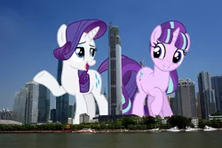 Size: 2250x1500 | Tagged: safe, artist:illumnious, artist:reginault, artist:theotterpony, derpibooru import, rarity, starlight glimmer, pony, china, city, giant pony, giant starlight glimmer, giantess, guangzhou, irl, macro, mega rarity, photo, ponies in real life, story included, vector